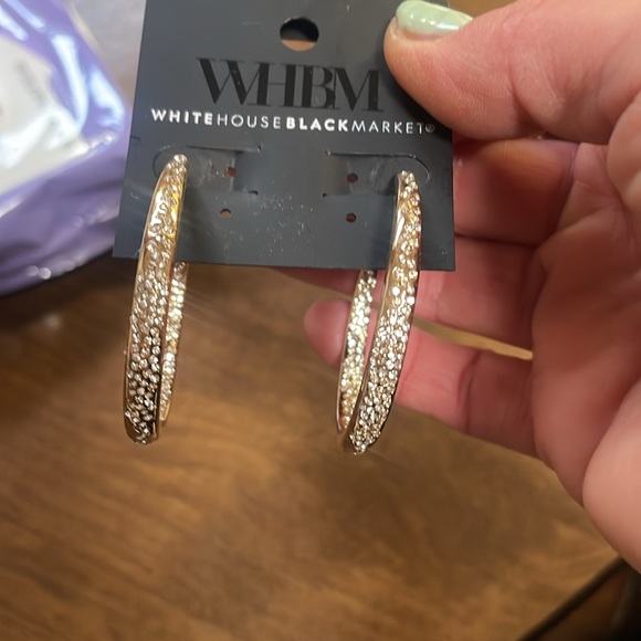 White House Black Market Gold Hoop Earrings with Diamond like Crystals - Picture 2 of 4